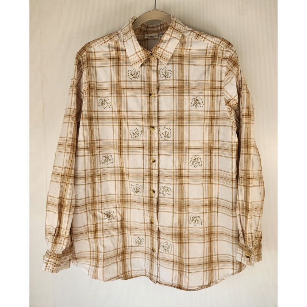 Katherine Bishop Women’s Beige/White Plaid Maple Leaf Button-Up Shirt L